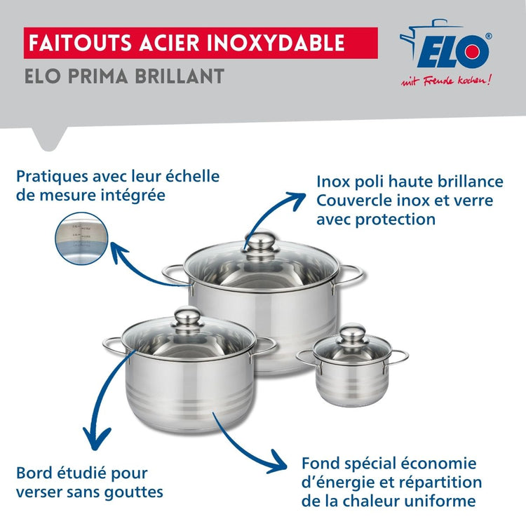 Ensemble de 2 Poêles de cuisson 20 et 24 cm et 3 faitouts 12, 20 et 24 cm Elo Prima Brillant