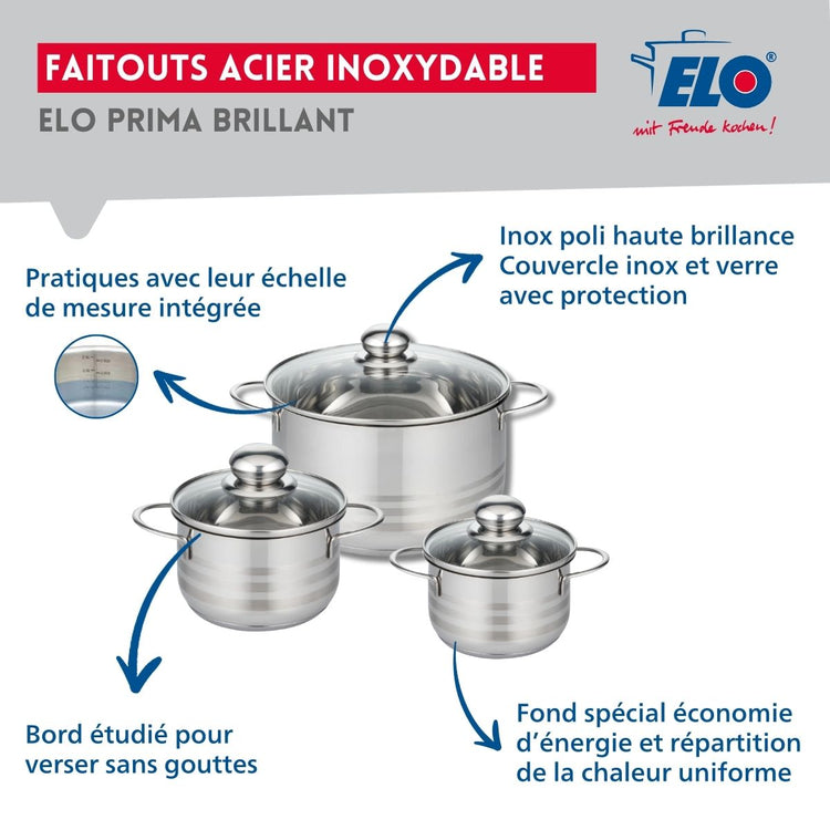 Ensemble de 1 Poêle de cuisson 28 cm et 3 faitouts 14, 16 et 24 cm Elo Profi Brillant