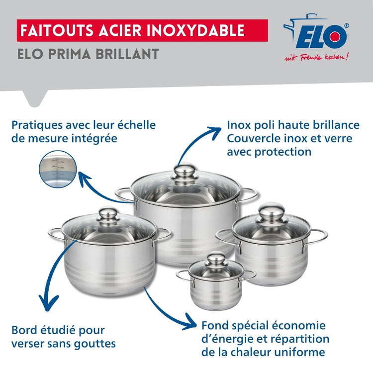 Ensemble de 1 Poêle de cuisson 28 cm et 4 faitouts 12, 16, 20 et 24 cm Elo Profi Brillant