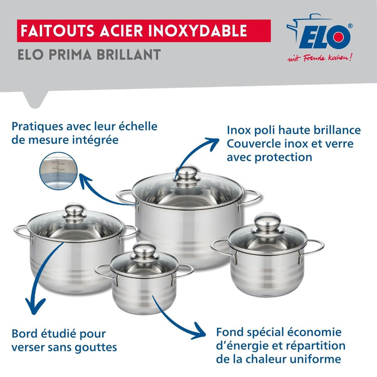 Ensemble de 1 Poêle de cuisson 32 cm et 4 faitouts 14, 16, 20 et 24 cm Elo Profi Brillant