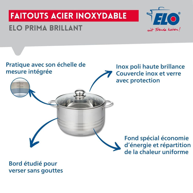Ensemble de 2 Poêles de cuisson 24 et 28 cm et 1 faitout 20 cm Elo Profi Brillant