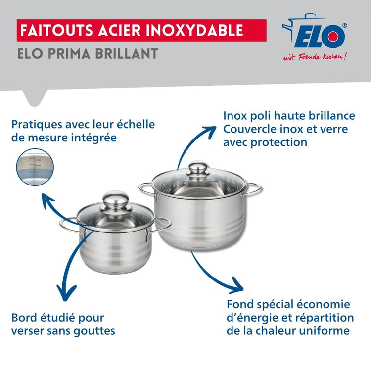 Ensemble de 2 Poêles de cuisson 24 et 32 cm et 2 faitouts 16 et 20 cm Elo Profi Brillant