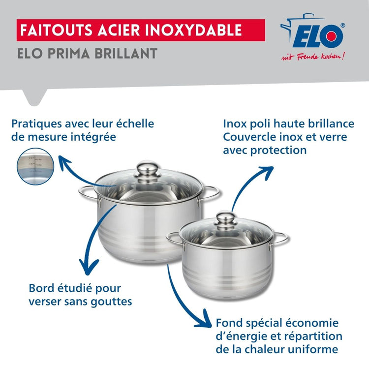Ensemble de 2 Poêles de cuisson 28 et 32 cm et 2 faitouts 20 et 24 cm Elo Profi Brillant