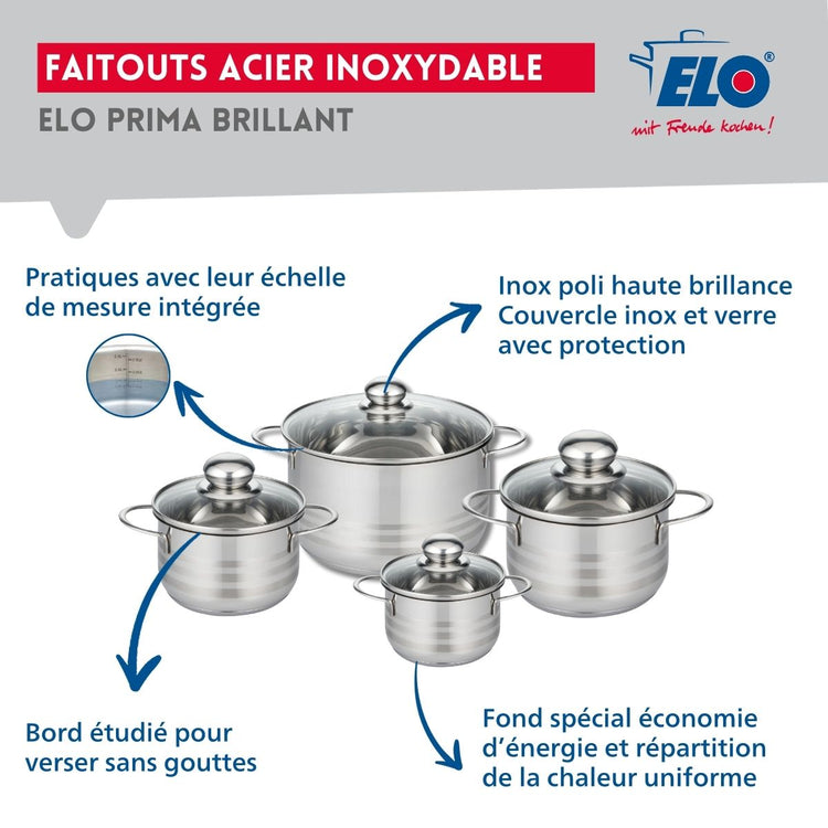Ensemble de 2 Poêles de cuisson 28 et 32 cm et 4 faitouts 12, 14, 16 et 20 cm Elo Profi Brillant