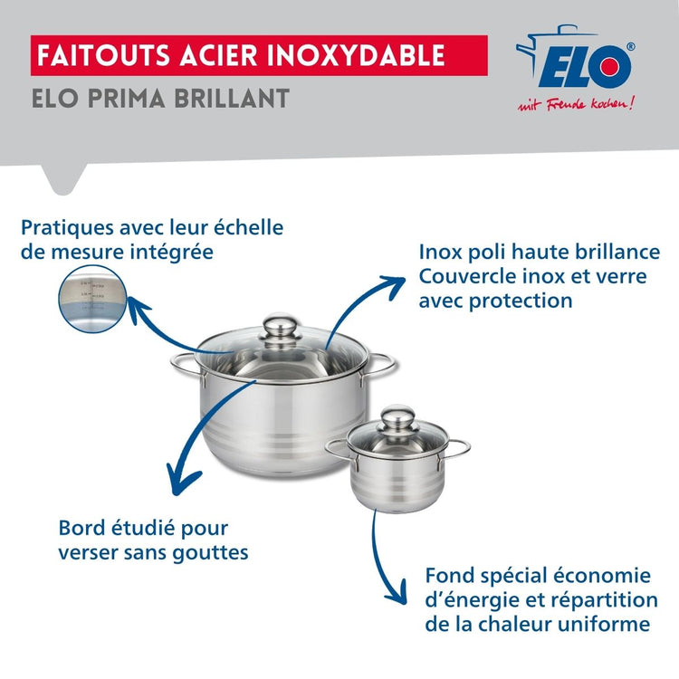 Ensemble de 3 Poêles de cuisson 24, 28 et 32 cm et 2 faitouts 12 et 20 cm Elo Profi Brillant