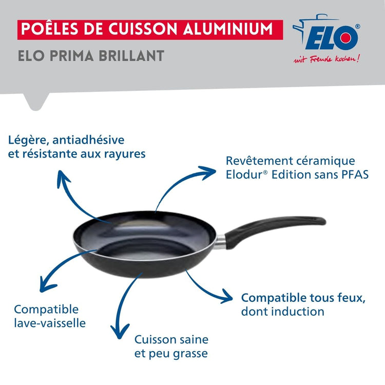 Ensemble de 1 Poêle de cuisson 28 cm et 3 faitouts 12, 14 et 16 cm Elo Prima Brillant