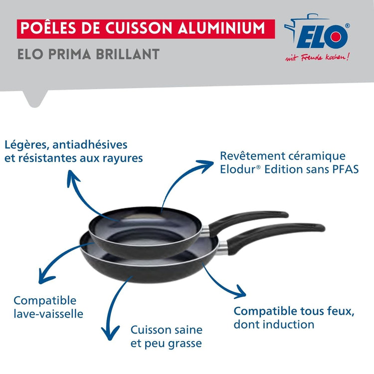 Ensemble de 2 Poêles de cuisson 24 et 28 cm et 2 faitouts 14 et 16 cm Elo Prima Brillant