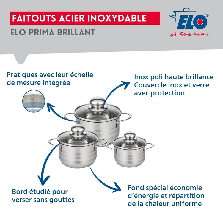 Ensemble de 1 Poêle de cuisson 28 cm et 3 faitouts 12, 14 et 16 cm Elo Prima Brillant