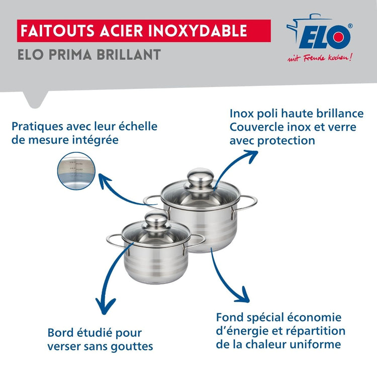 Ensemble de 2 Poêles de cuisson 24 et 28 cm et 2 faitouts 14 et 16 cm Elo Prima Brillant