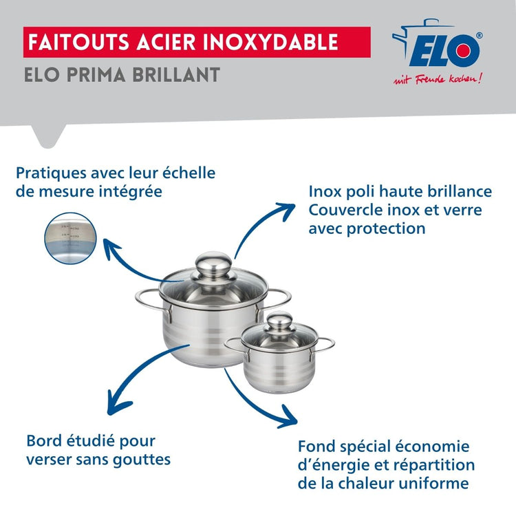 Ensemble de 1 Poêle de cuisson 24 cm et 2 faitouts 12 et 16 cm Elo Profi Brillant