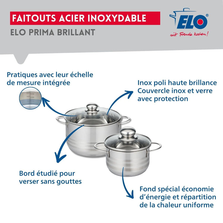 Ensemble de 1 Poêle de cuisson 32 cm et 2 faitouts 14 et 20 cm Elo Profi Brillant