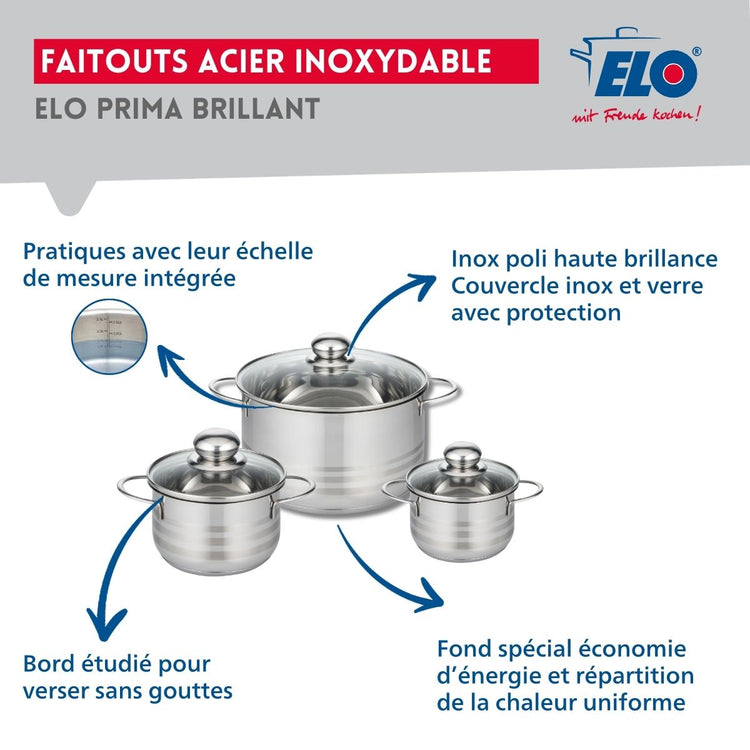 Ensemble de 1 Poêle de cuisson 32 cm et 3 faitouts 12, 14 et 20 cm Elo Profi Brillant