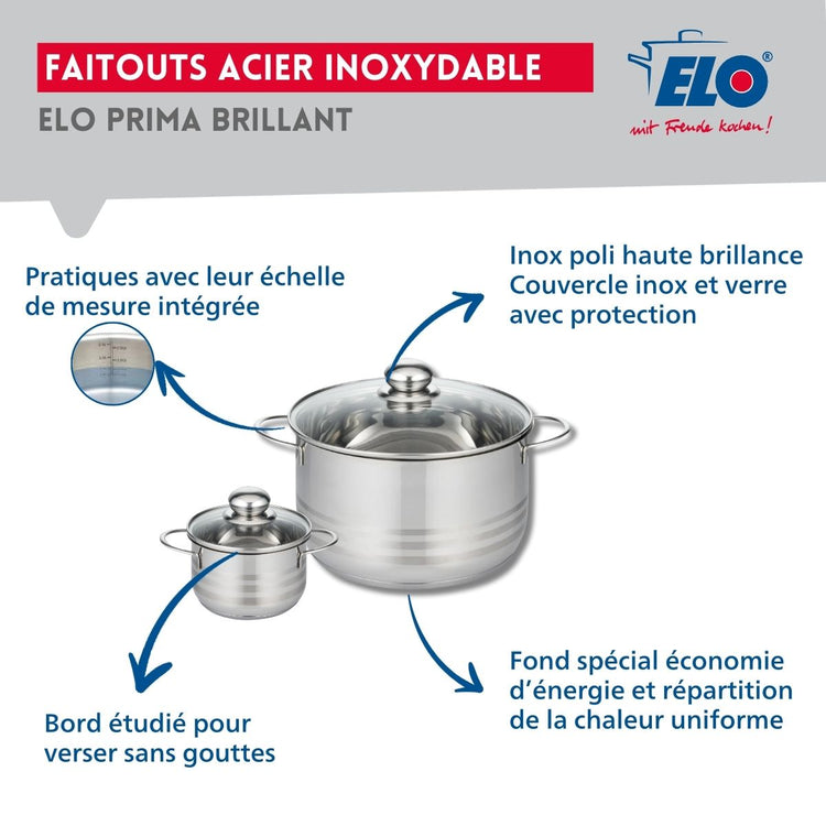 Ensemble de 2 Poêles de cuisson 24 et 32 cm et 2 faitouts 12 et 24 cm Elo Profi Brillant