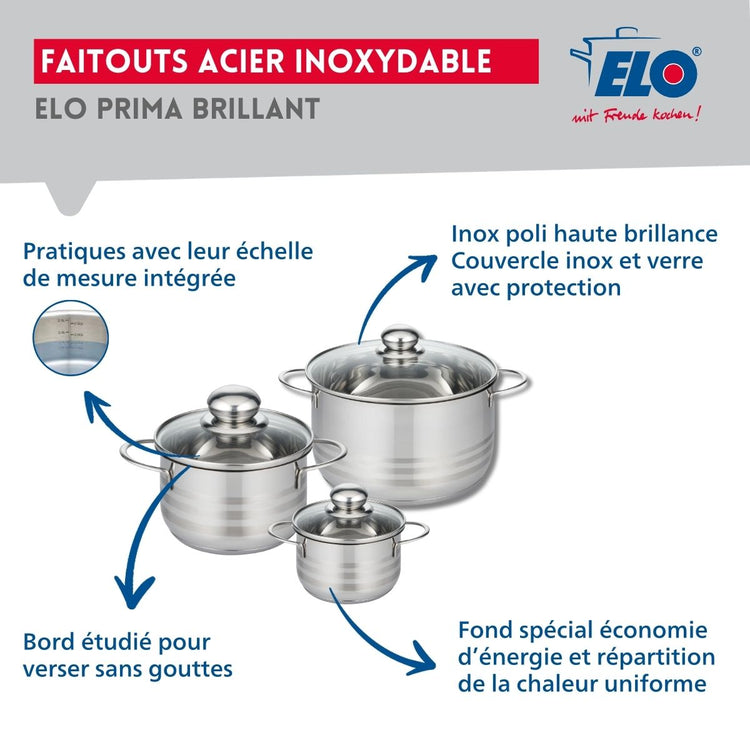 Ensemble de 2 Poêles de cuisson 24 et 32 cm et 3 faitouts 12, 16 et 20 cm Elo Profi Brillant