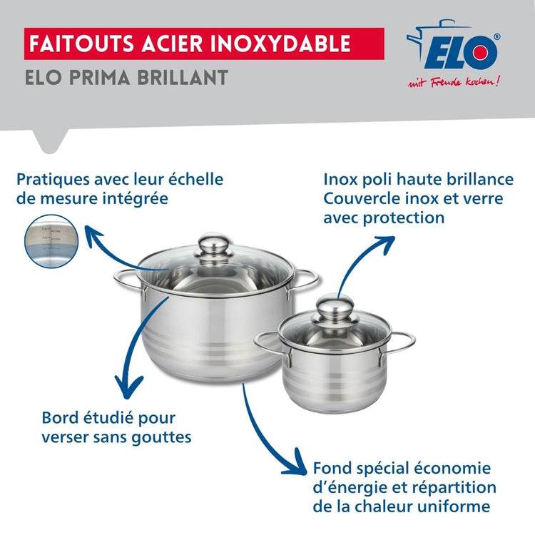 Ensemble de 2 Poêles de cuisson 28 et 32 cm et 2 faitouts 16 et 24 cm Elo Profi Brillant