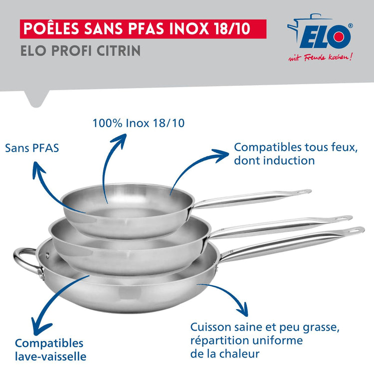 Ensemble de 3 Poêles de cuisson 24, 28 et 32 cm et 2 faitouts 12 et 20 cm Elo Profi Brillant