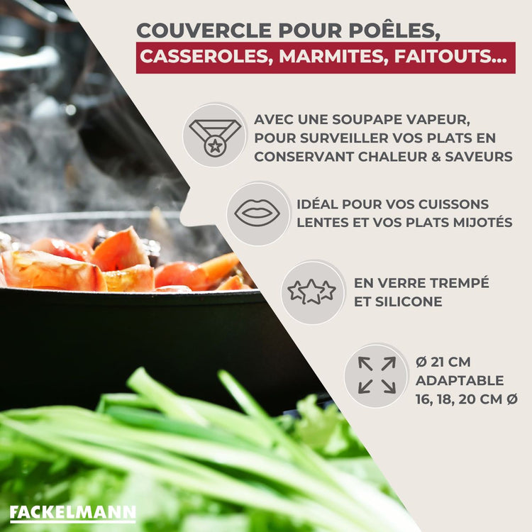 Couvercle de cuisson adaptable de 16 à 20 cm en verre et silicone Fackelmann