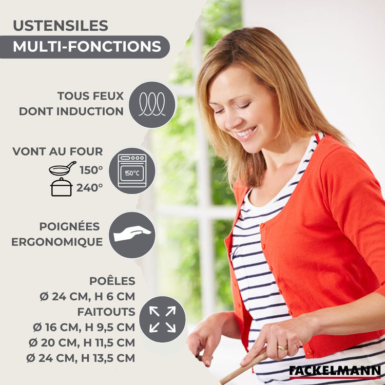 Batterie de cuisine Généva Brillant Ocean : 3 faitouts et 1 poêle avec couvercles et 6 ustensiles Fackelmann Généva Brillant Ocean avec couvercles