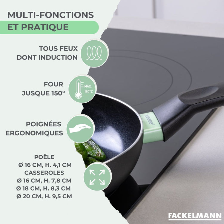 Batterie de cuisine avec 1 poêle 16 cm et 3 casseroles 16/18/20 cm avec 5 ustensiles de cuisine Fackelmann Brandao Océan