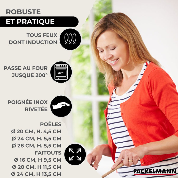 Lot 3 Poêles 20/24/28 cm Fackelmann Eterna avec 3 Faitouts 16/20/24 cm et 5 ustensiles