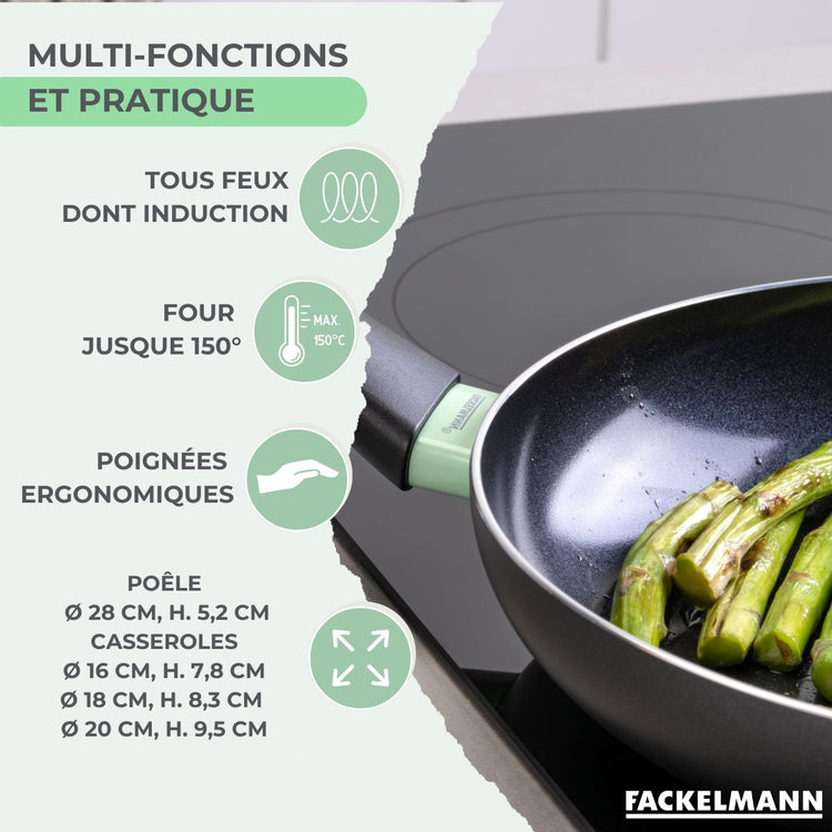 Batterie de cuisine avec 1 poêle 28 cm et 3 casseroles 16/18/20 cm et 5 ustensiles de cuisine Fackelmann Brandao Vario