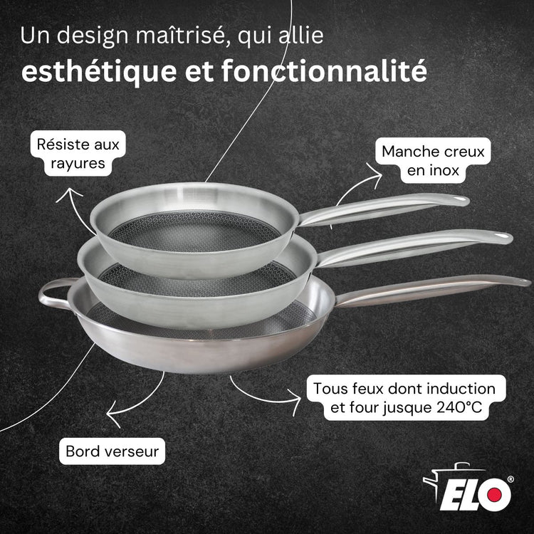 Lot de 3 poêles de cuisson 24/28/32 cm en acier inoxydable avec 4 couvercles Elo Relief Solution avec couvercles