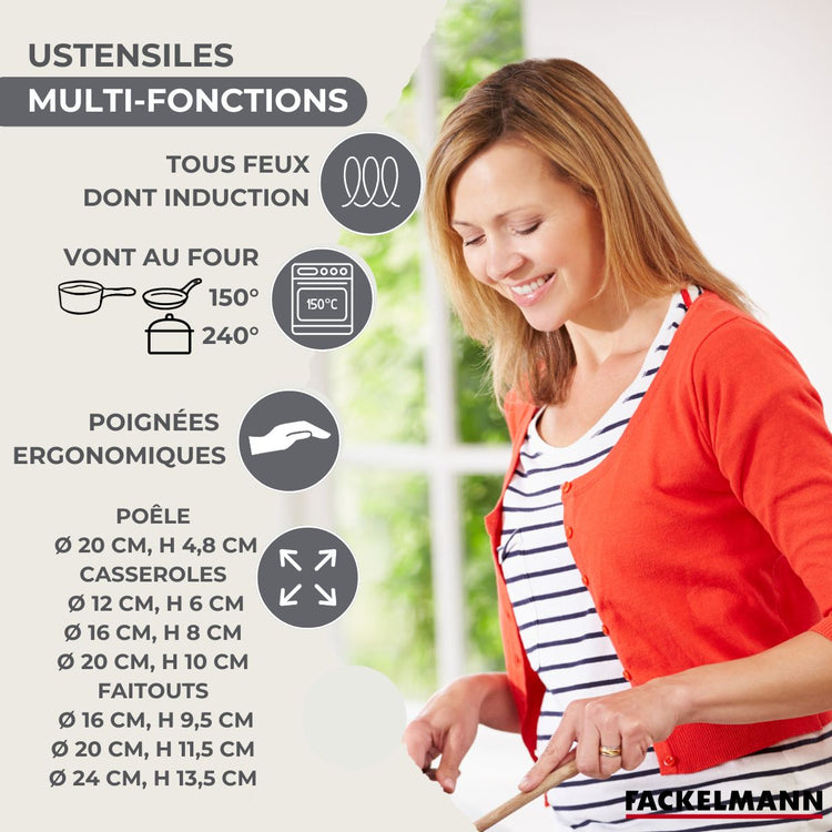 Batterie de cuisine avec 1 poêle 20 cm 3 casseroles 12/16/20 cm et 3 faitouts 16/20/24 cm en inox sans PFAS Fackelmann Généva Brillant