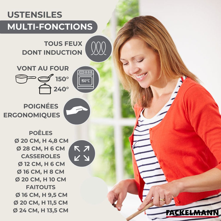 Batterie de cuisine avec 2 poêles 20/28 cm 3 casseroles 12/16/20 cm et 3 faitouts 16/20/24 cm en inox sans PFAS Fackelmann Généva Brillant
