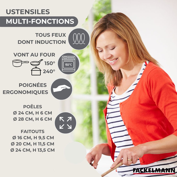 Batterie de cuisine avec 2 poêles 24/28 cm et 3 faitouts 16/20/24 cm avec 6 ustensiles de cuisine sans PFAS Fackelmann Généva Brillant Oxford