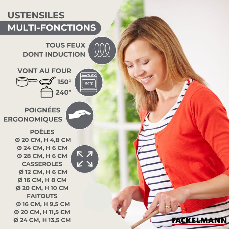 Batterie de cuisine avec 3 poêles 20/24/28 cm et 3 casseroles 12/16/20 cm avec 6 ustensiles de cuisine Fackelmann Généva Brillant Oxford