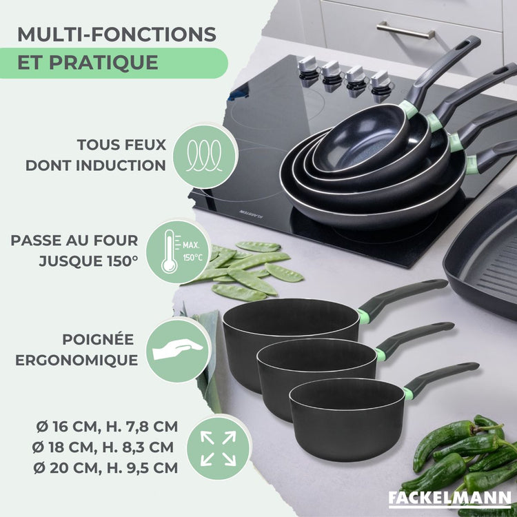 Set de 3 casseroles antiadhésives céramique 16, 18 et 20 cm et 6 ustensiles Fackelmann Brandao