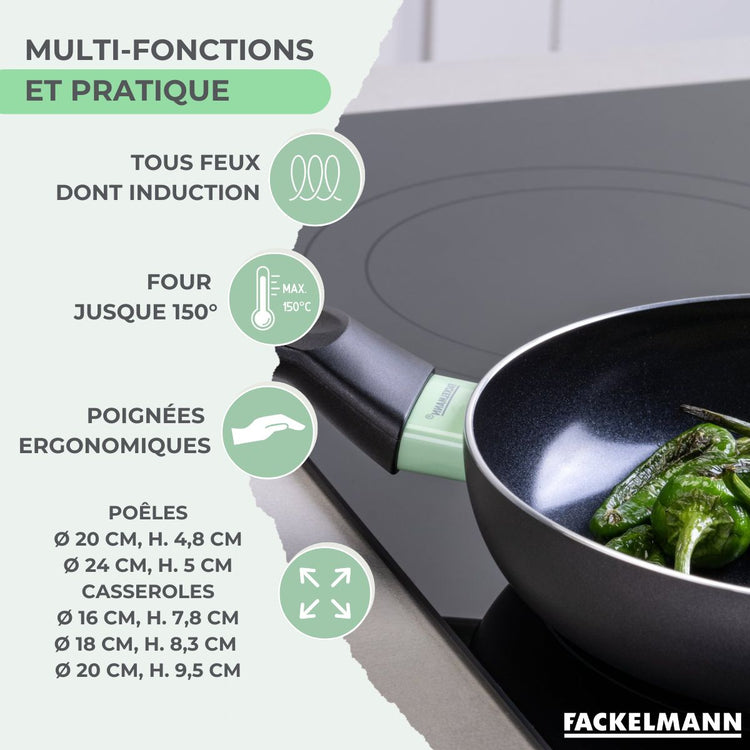 Set de 2 poêles 20 et 24 cm, 3 casseroles céramique 16, 18 et 20 cm et 6 ustensiles Fackelmann Brandao