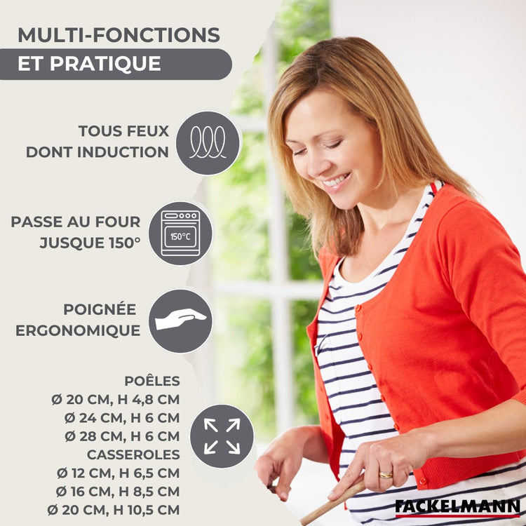 Set 3 poêles 20 24 et 28 cm et 3 casseroles 12 16 et 20 cm en inox Fackelmann Geneva