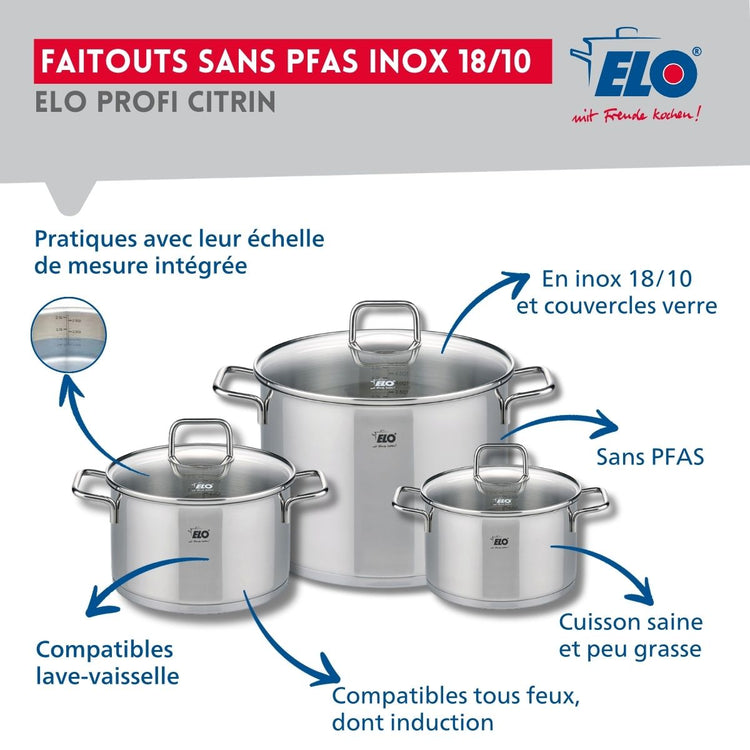 Ensemble de 2 Poêles de cuisson 24 et 32 cm et 3 faitouts 16, 20 et 26 cm Elo Profi Citrin