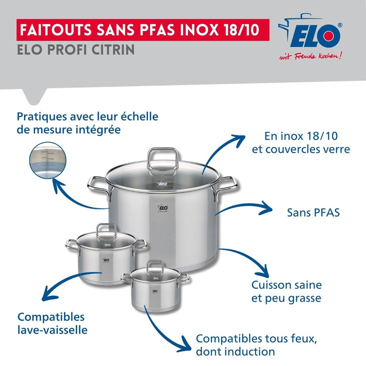 Ensemble de 2 Poêles de cuisson 28 et 32 cm et 3 faitouts 12, 14 et 26 cm Elo Profi Citrin