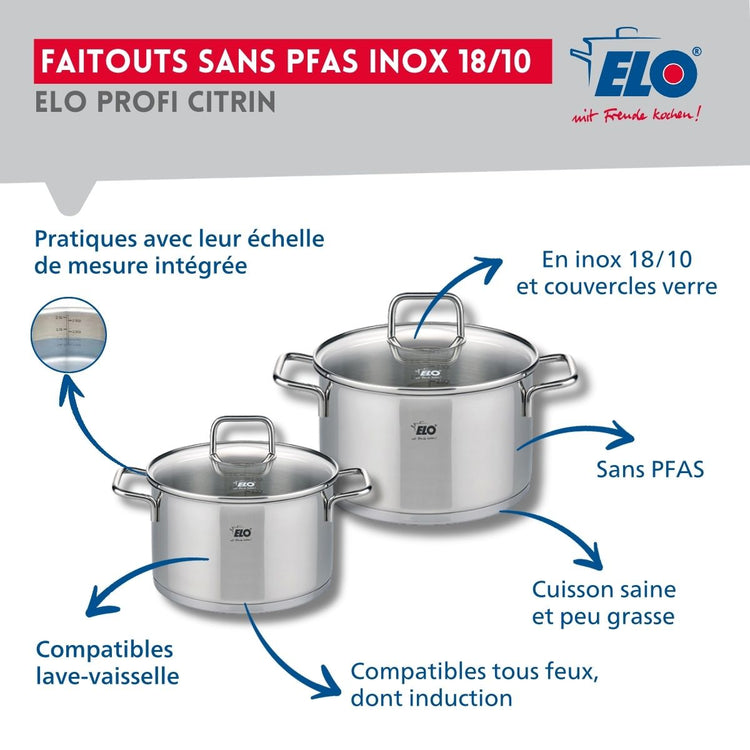 Ensemble de 1 Poêle de cuisson 24 cm et 2 faitouts 14 et 16 cm Elo Profi Citrin