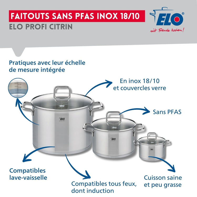 Ensemble de 1 Poêle de cuisson 24 cm et 3 faitouts 12, 20 et 26 cm Elo Profi Citrin