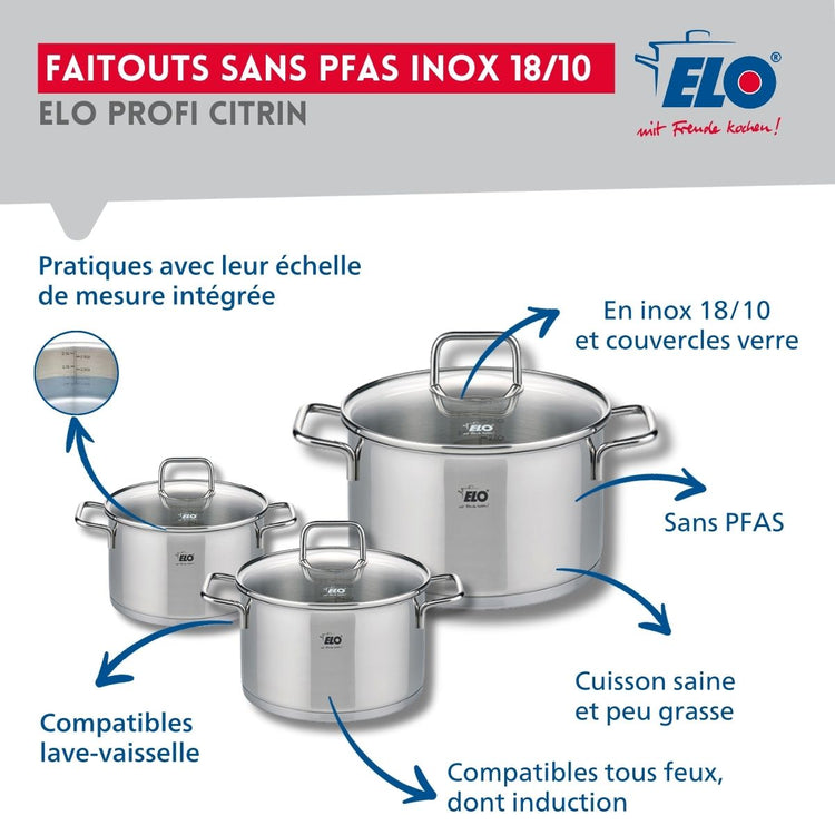 Ensemble de 1 Poêle de cuisson 28 cm et 3 faitouts 12, 16 et 20 cm Elo Profi Citrin