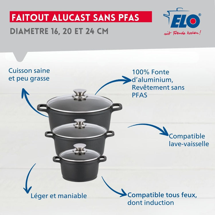 Set de 3 faitouts avec couvercles en verre 16 cm 20 cm et 24 cm Elo Alucast