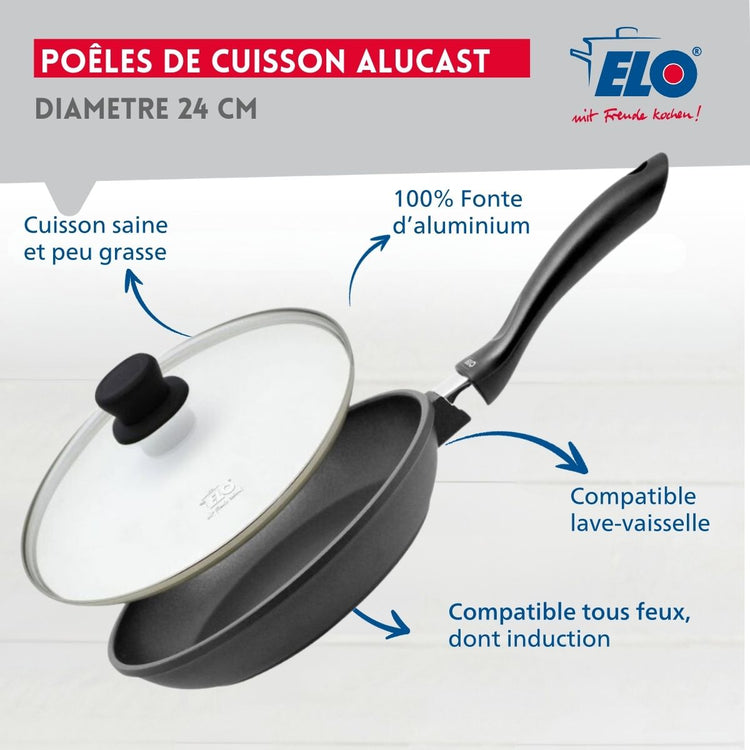 Poêle à frire en aluminium et couvercle en verre de 24 cm Elo Alucast
