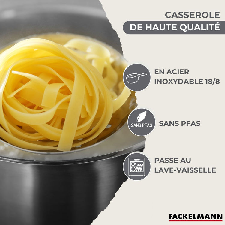 Batterie de cuisine avec 3 casseroles 12/16/20 cm et 3 faitouts 16/20/24 cm avec 6 ustensiles de cuisine sans PFAS Fackelmann Généva Brillant Fénix