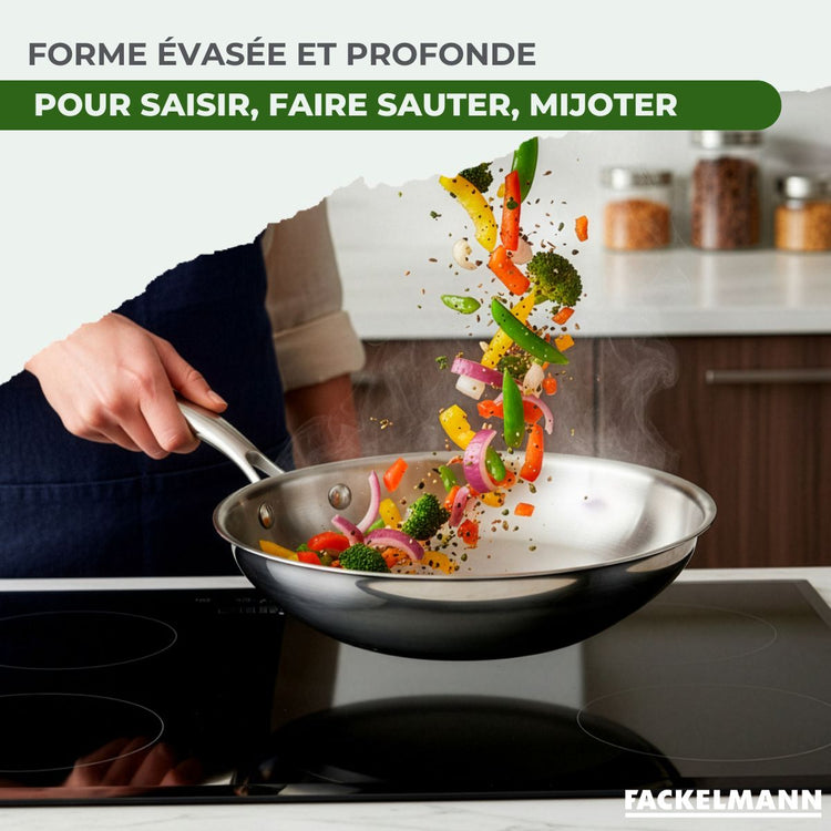 Set de 2 poêles de cuisson 24/28 cm en acier inoxydable avec 1 couvercle de cuisson universel Fackelmann Vita3