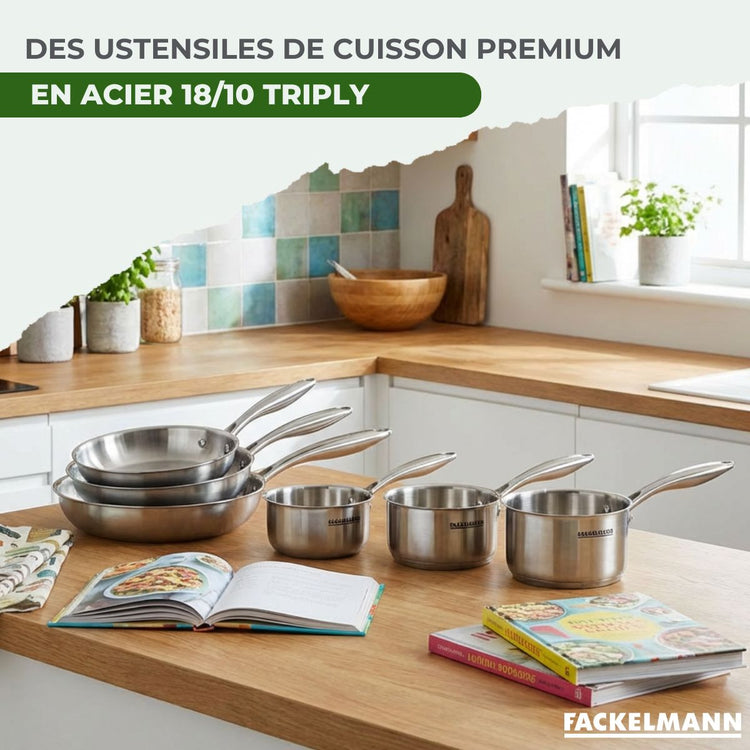 Batterie de cuisine avec 4 poêles 20/24/26/28 cm et 2 casseroles 14/18 cm avec 1 couvercle de cuisson universel sans PFAS Fackelmann Vita3