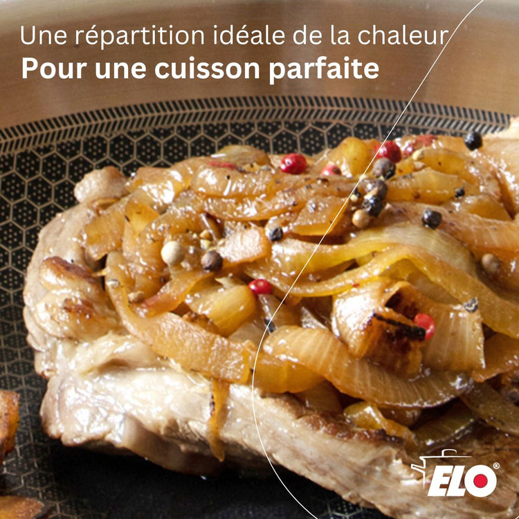 Lot de 3 poêles de cuisson 24/28/32 cm en acier inoxydable avec 4 couvercles Elo Relief Solution avec couvercles