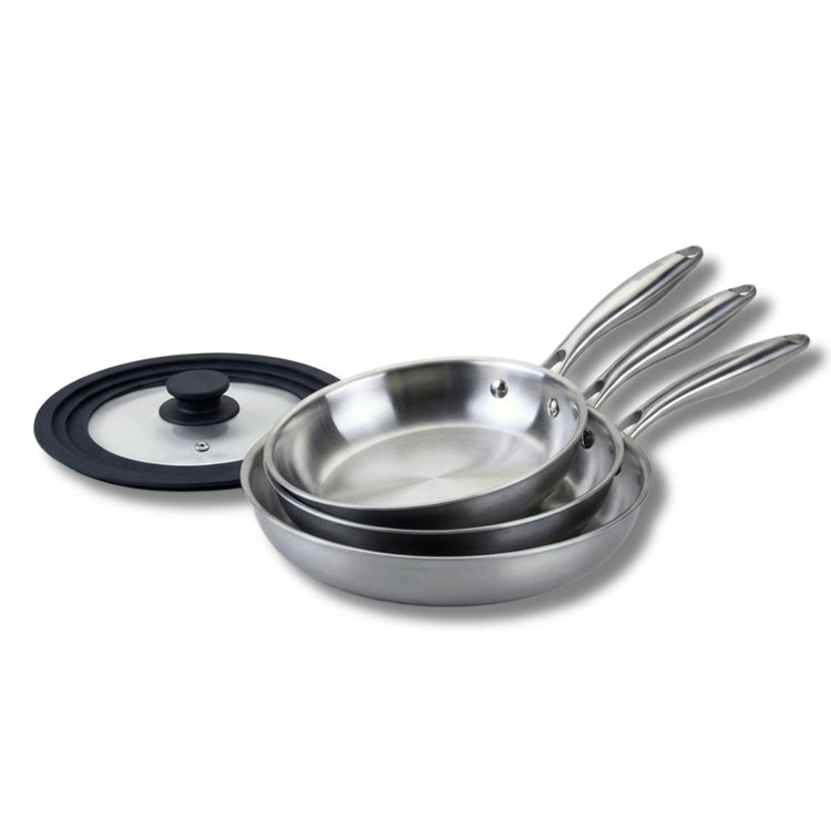 Set de 3 poêles de cuisson 20/24/28 cm en acier inoxydable avec 1 couvercle de cuisson universel Fackelmann Vita3