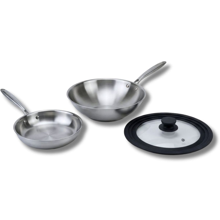 Set de 2 poêles de cuisson 24/28 cm en acier inoxydable avec 1 couvercle de cuisson universel Fackelmann Vita3