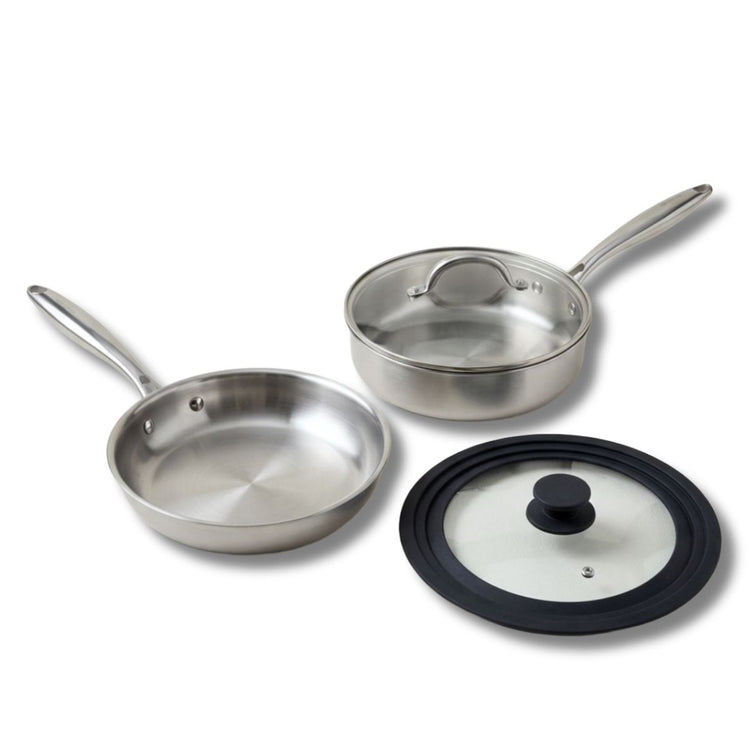 Set de 2 poêles de cuisson 24/24 cm en acier inoxydable avec 1 couvercle de cuisson universel Fackelmann Vita3