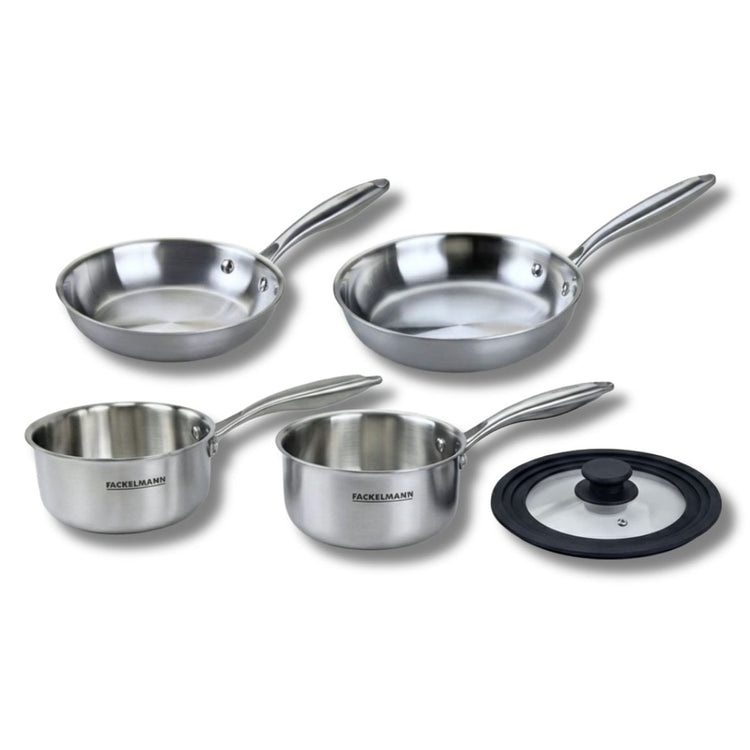 Poêles à Frire 20 et 24 cm Casseroles 14 et 18 cm inox 18/10 Triply et couvercle Fackelmann Vita3