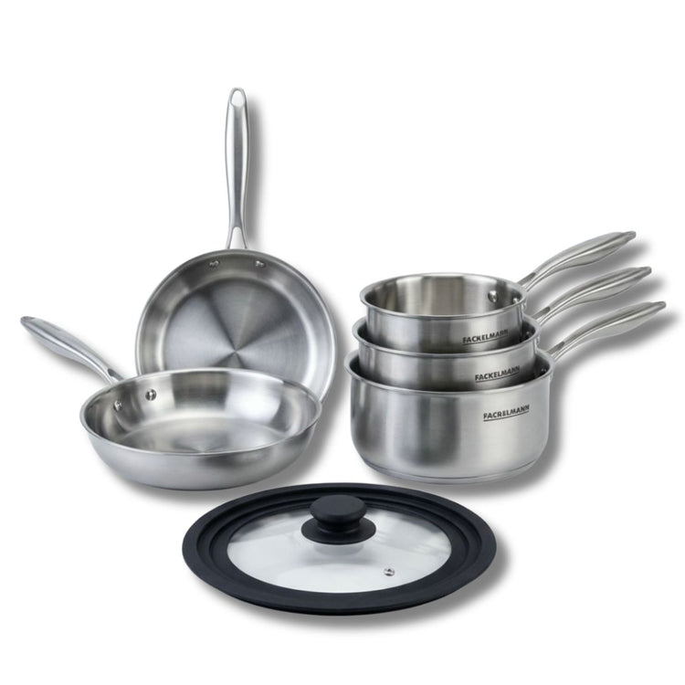 Batterie de cuisine avec 2 poêles 24/28 cm et 3 casseroles 14/18 cm avec 1 couvercle de cuisson universel sans PFAS Fackelmann Vita3
