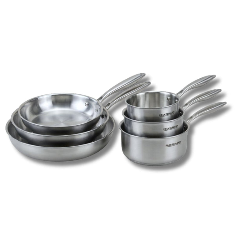 Batterie de cuisine avec 3 poêles 24/26/28 cm et 2 casseroles 14/18 cm en inox sans PFAS Fackelmann Vita3